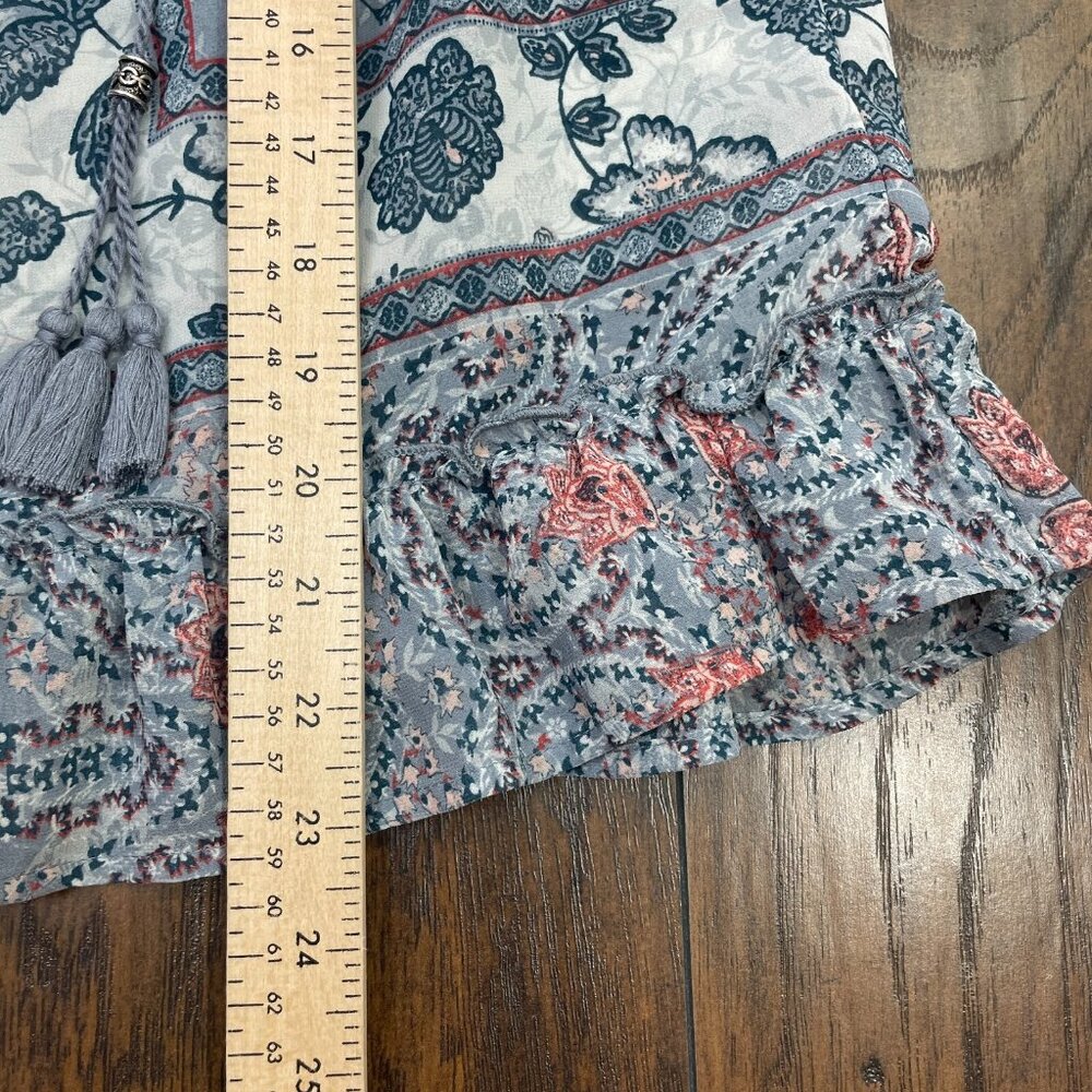 Knox‎ Rose Top XS Boho Floral Blue Short Sleeve Sheer Tie-Neck Blouse Women's - Picture 10 of 12